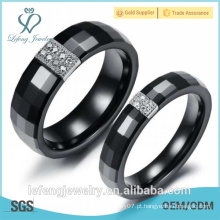 Diamond pavimentado, anel de cerâmica preta platinado para mulheres para homens